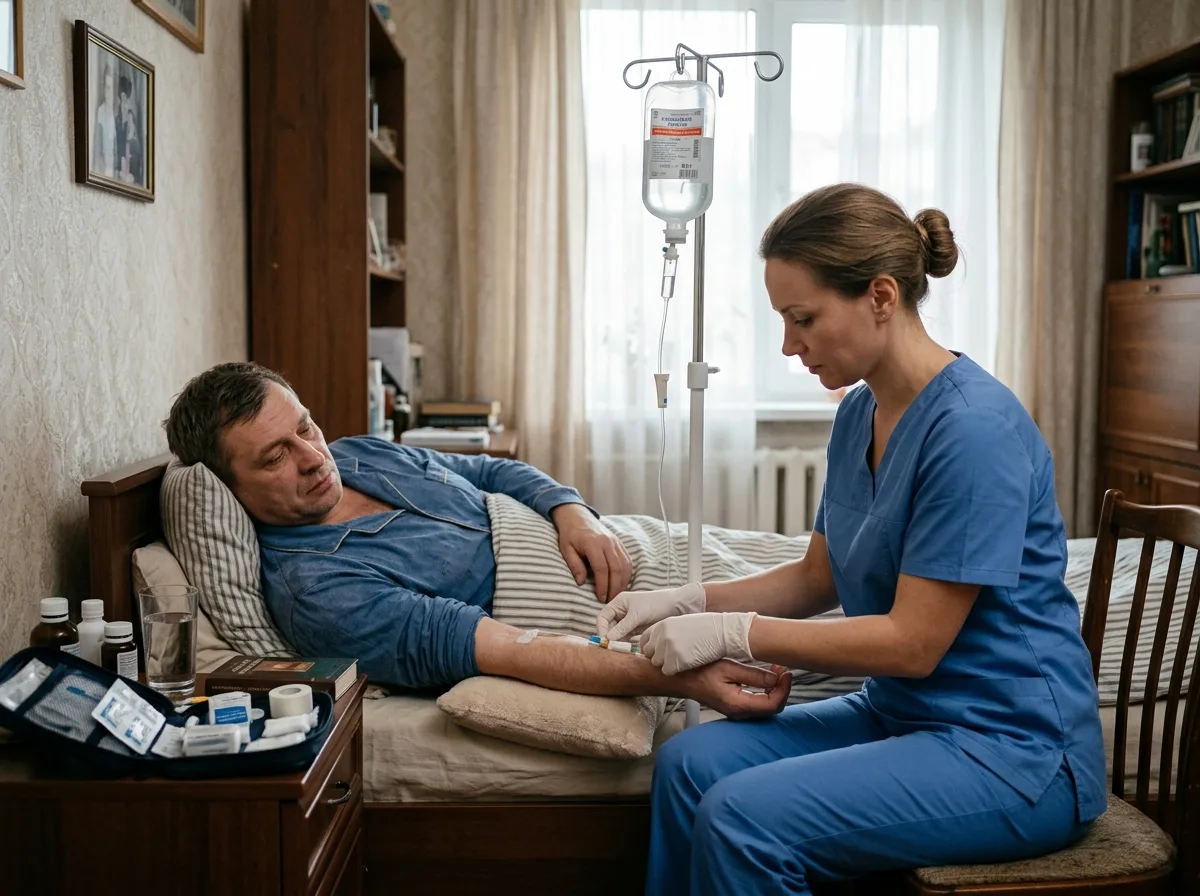 Медицинская сестра устанавливает капельницу пациенту при выводе из запоя на дому, уютная квартира, естественный свет