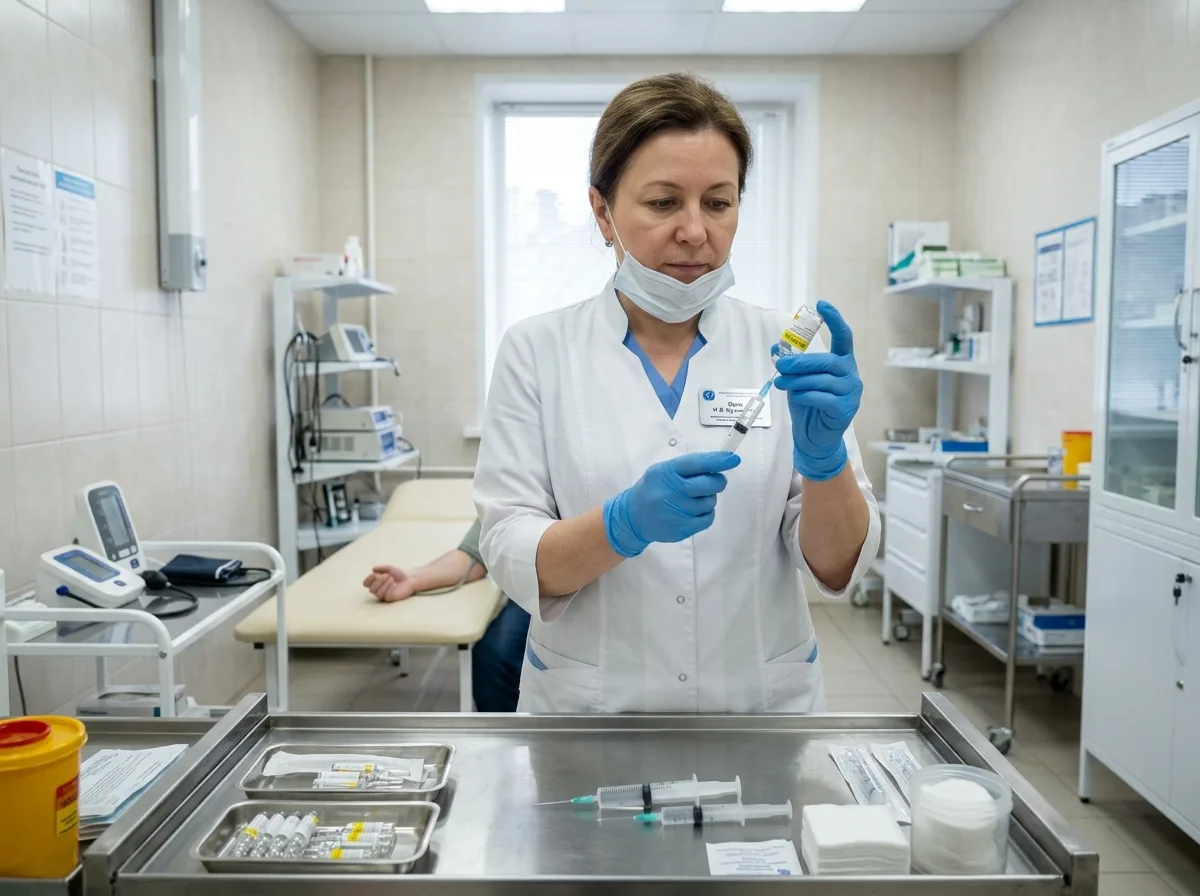 Врач готовит препарат для кодирования от алкоголизма в медицинском кабинете, стерильная обстановка, профессиональное оборудование